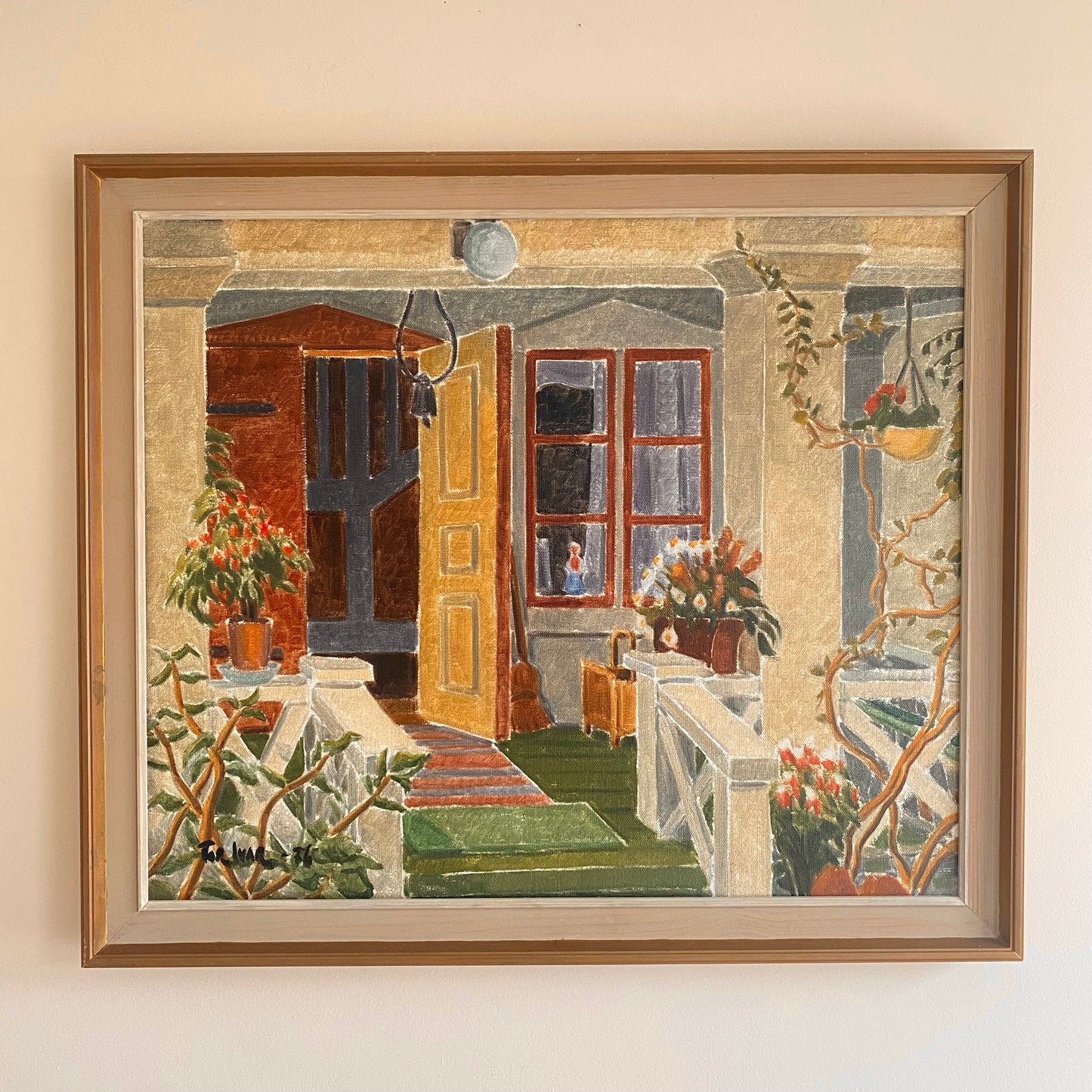 Vintage Mid Century oil painting still life garden scene out on the stairs 1
