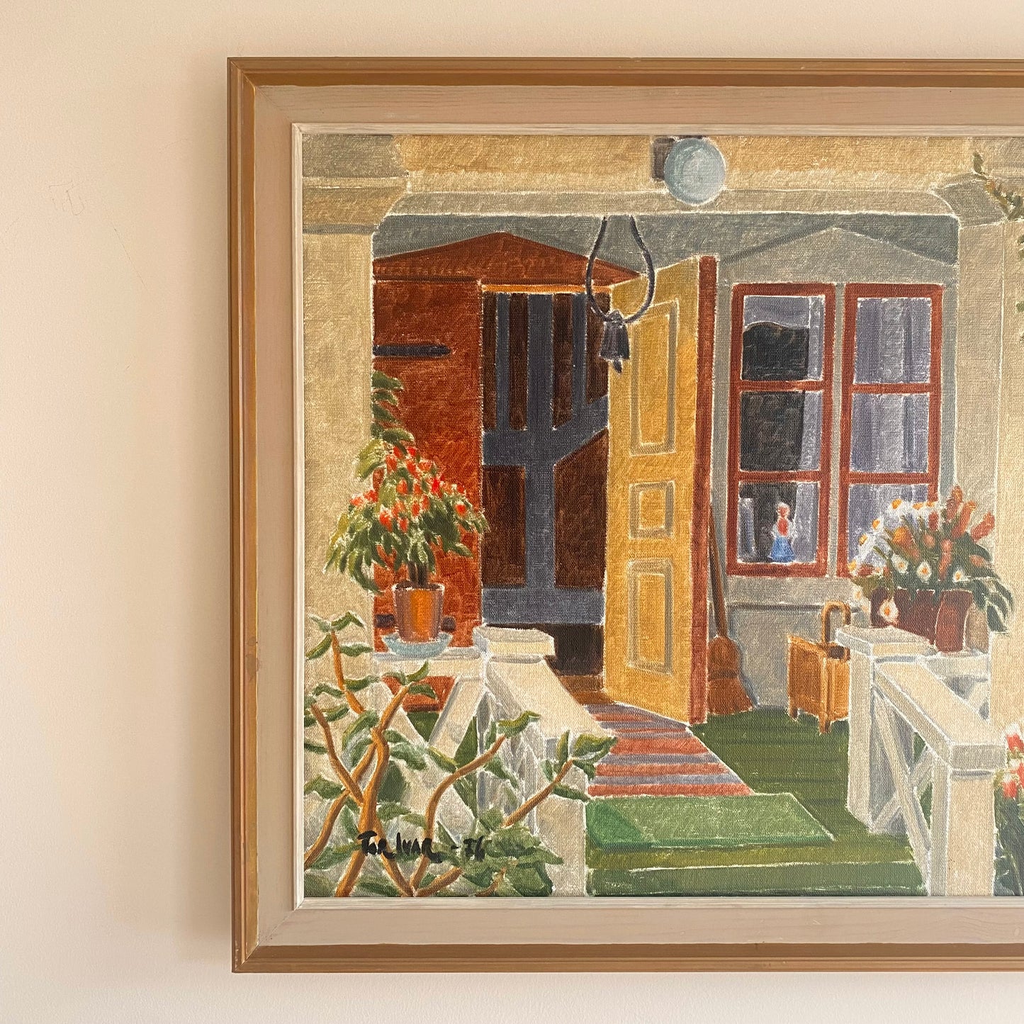 Vintage Mid Century oil painting still life garden scene out on the stairs 2