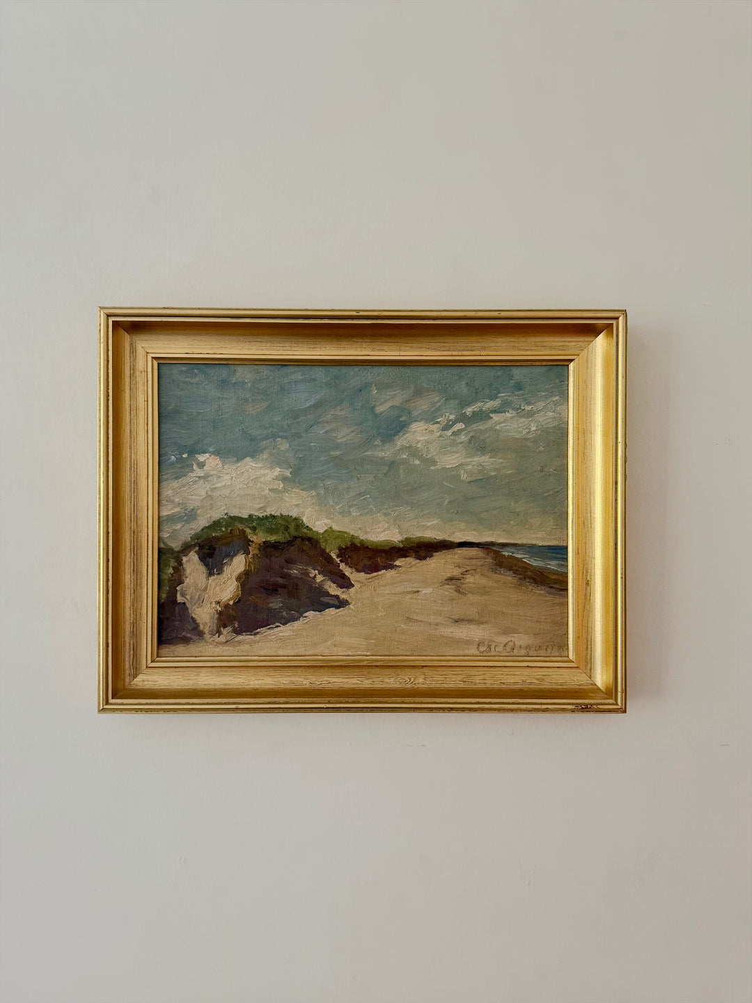Vintage Swedish coastal landscape painting of sandy dunes and moody sky in a gilt frame