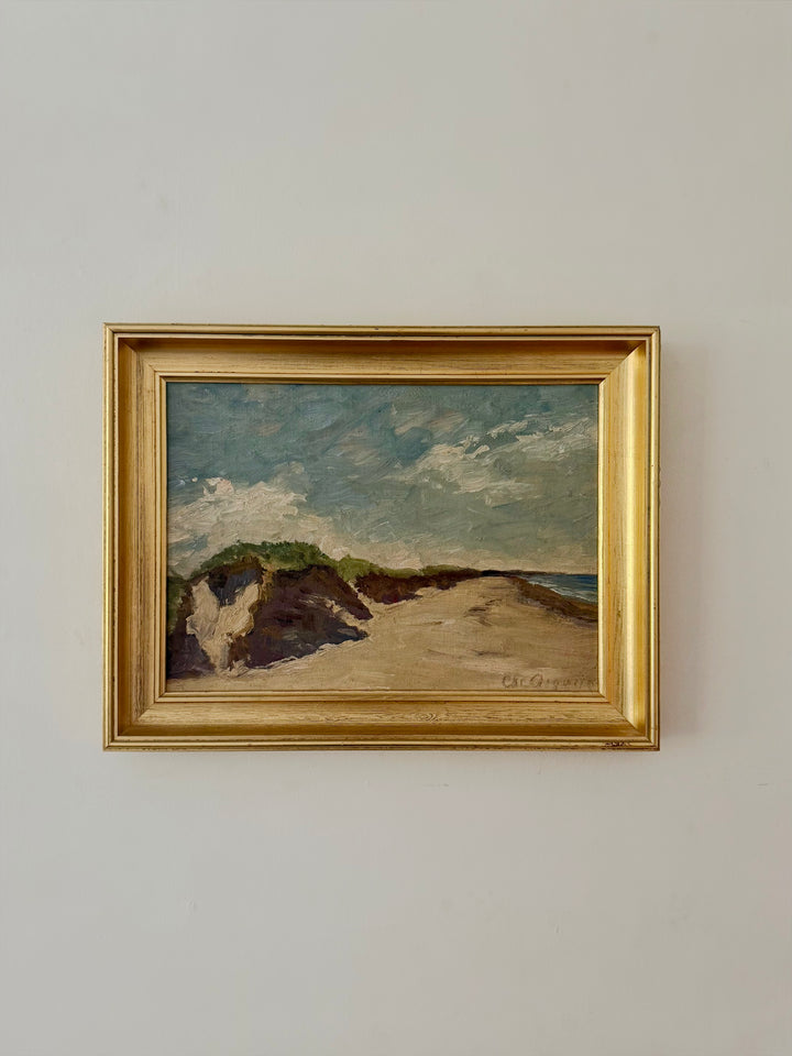 Vintage Swedish coastal landscape painting of sandy dunes and moody sky in a gilt frame