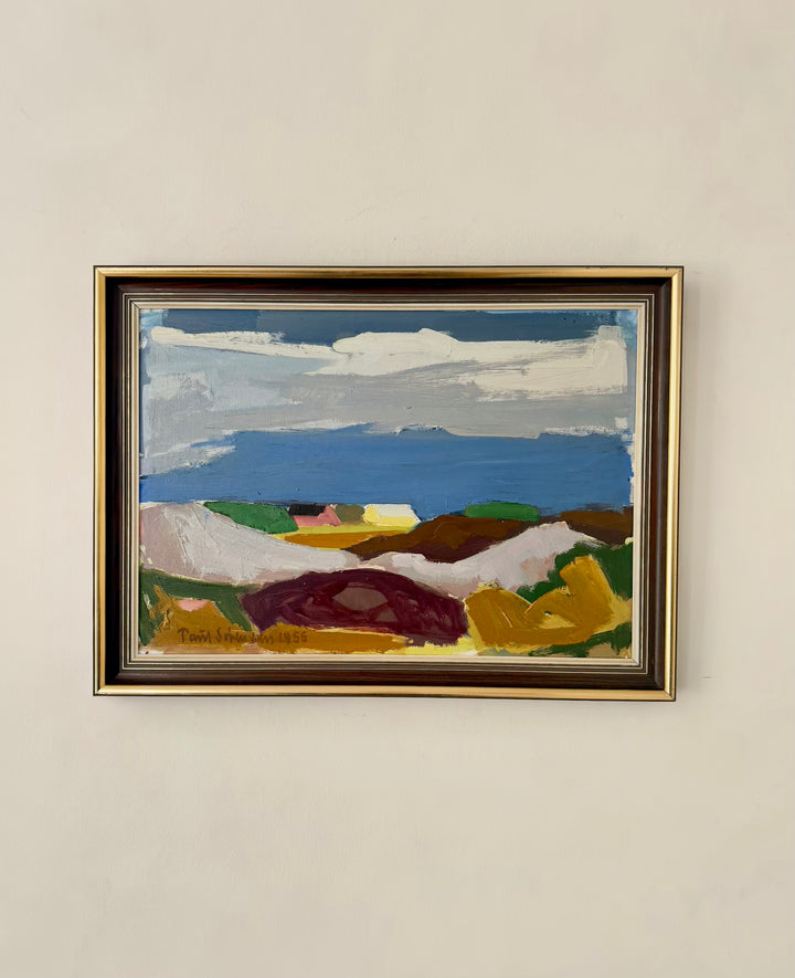 Paul Sørensen 1955 Danish modernist landscape with houses beneath stormy sky in vintage frame