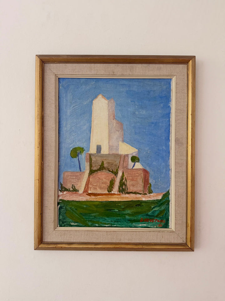 Bengt Hegethorn 1956 modernist oil painting of white tower against blue sky in vintage gilt frame