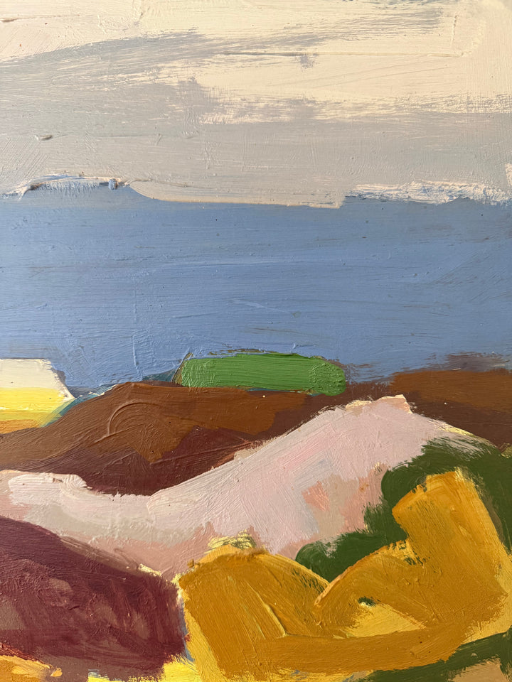 An abstract landscape painting with thick impasto brushstrokes, featuring a light blue sea, a pale cream sky, and rolling hills in brown, pink, yellow, green, and dark purple.