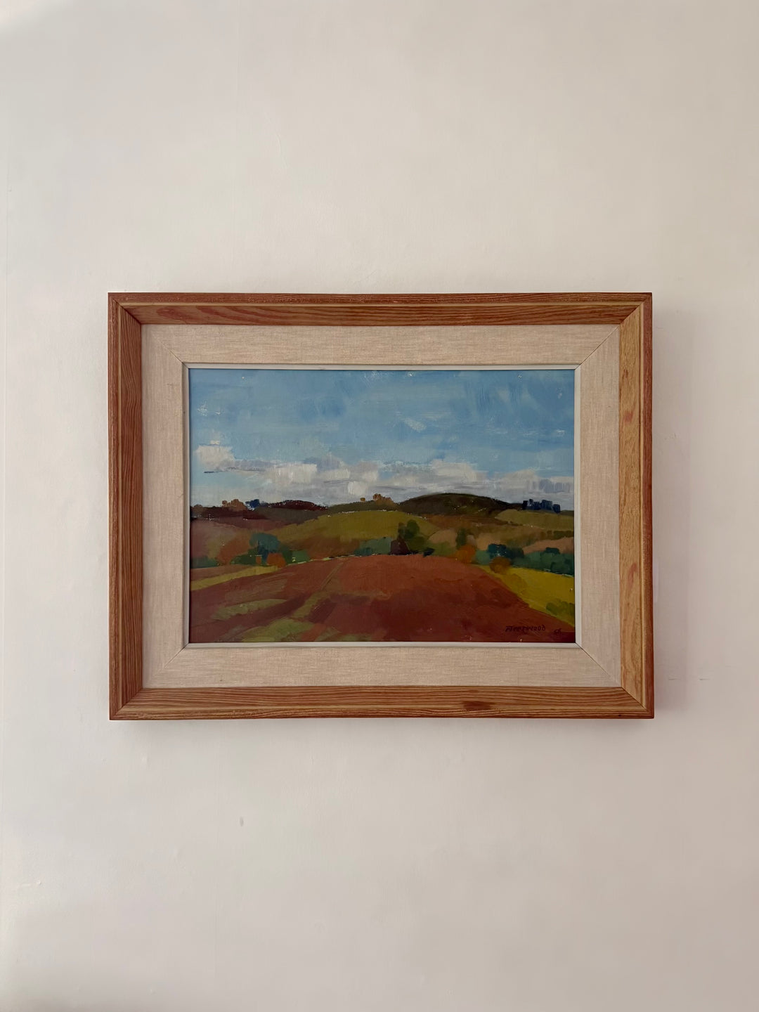 William Fleetwood 1958 landscape oil painting of red fields and rolling green hills in vintage wood frame