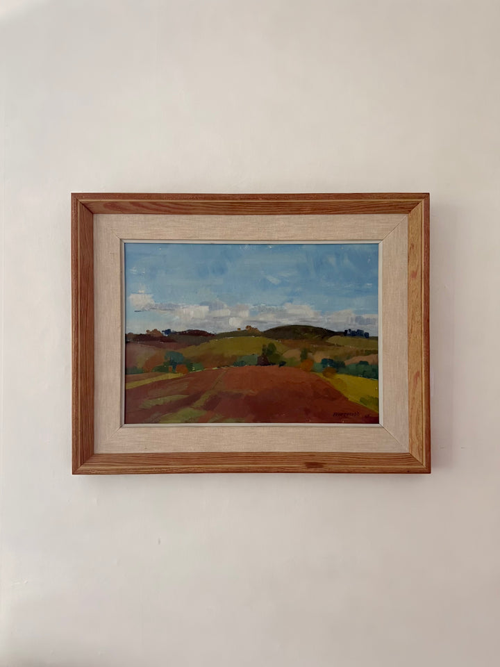 William Fleetwood 1958 landscape oil painting of red fields and rolling green hills in vintage wood frame
