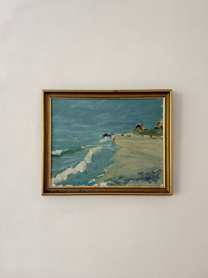 Aage Bernhard Frederiksen Skagen coastal oil painting of turquoise sea and sandy beach in gilt frame