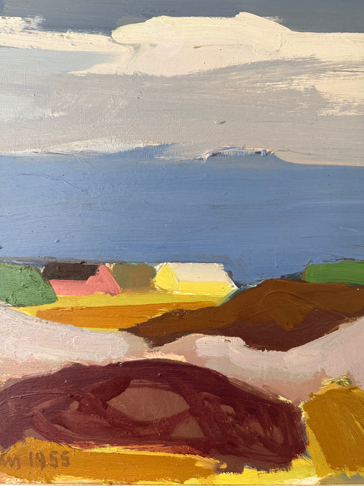 An abstract landscape painting with a large blue water-like area, cream and gray sky, and foreground shapes in brown, yellow, green, pink, and dark red, signed and dated 1955 in the lower left.
