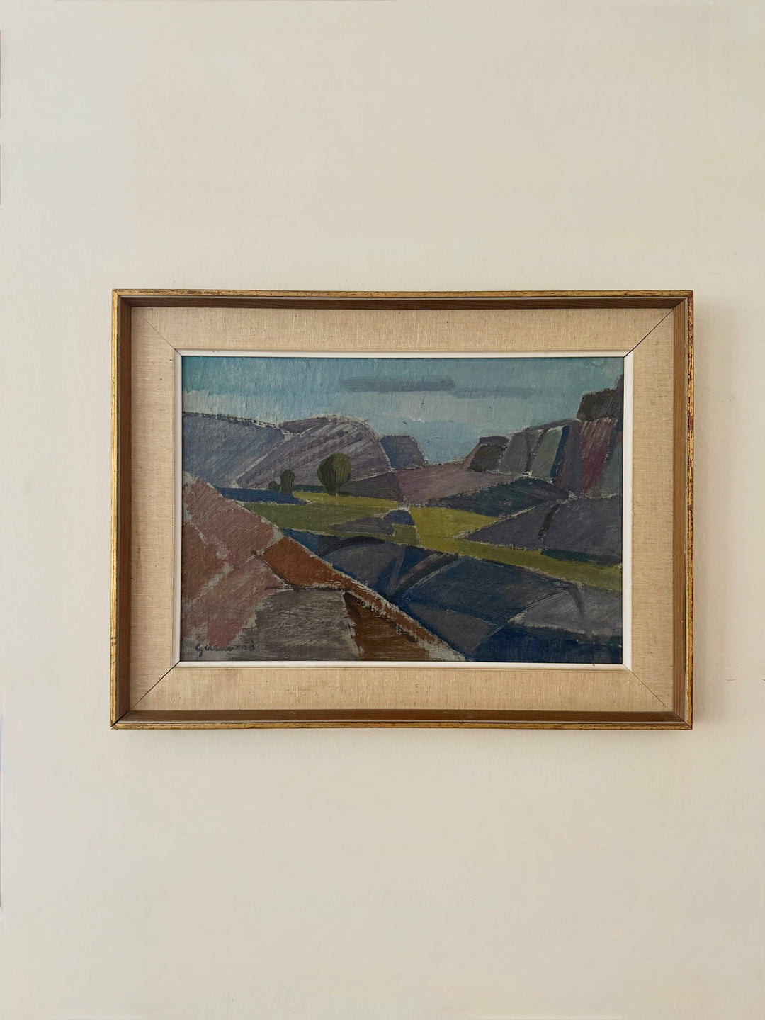 Gustav Arne 1958 Swedish modernist landscape oil painting of angular hills in gilt frame
