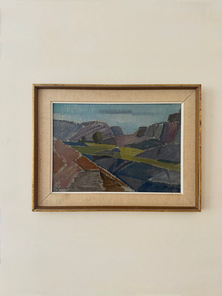 Gustav Arne 1958 Swedish modernist landscape oil painting of angular hills in gilt frame