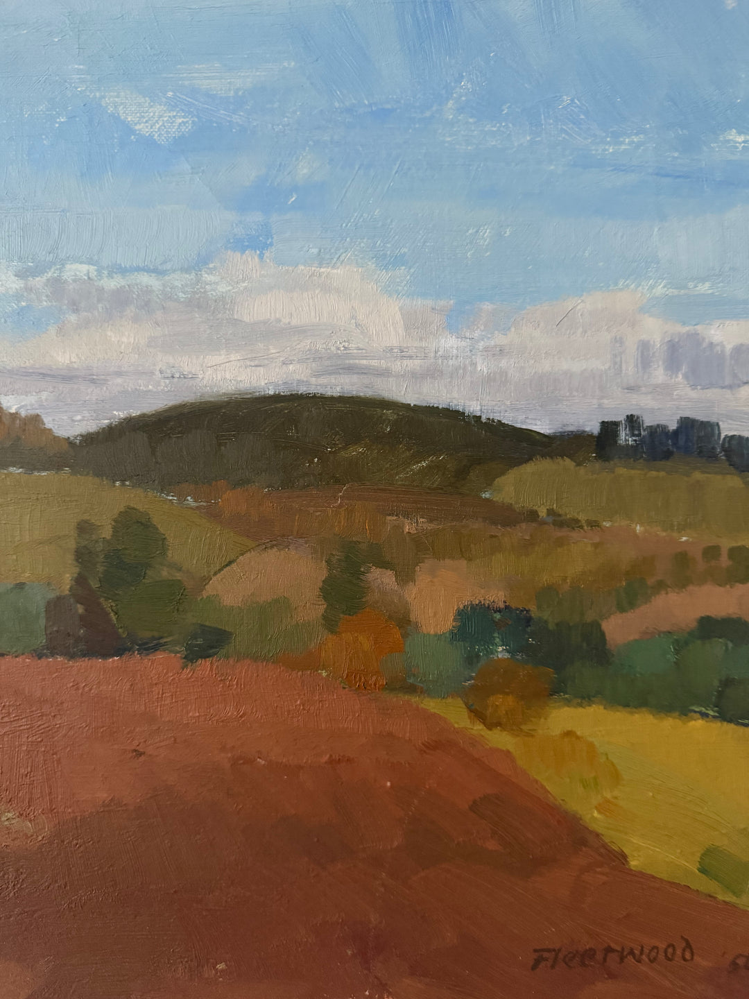 An impressionistic landscape oil painting featuring rolling hills, a prominent reddish-brown foreground field, green trees, and a blue sky with white clouds. Signed 'Fletcher' in the bottom right corner.