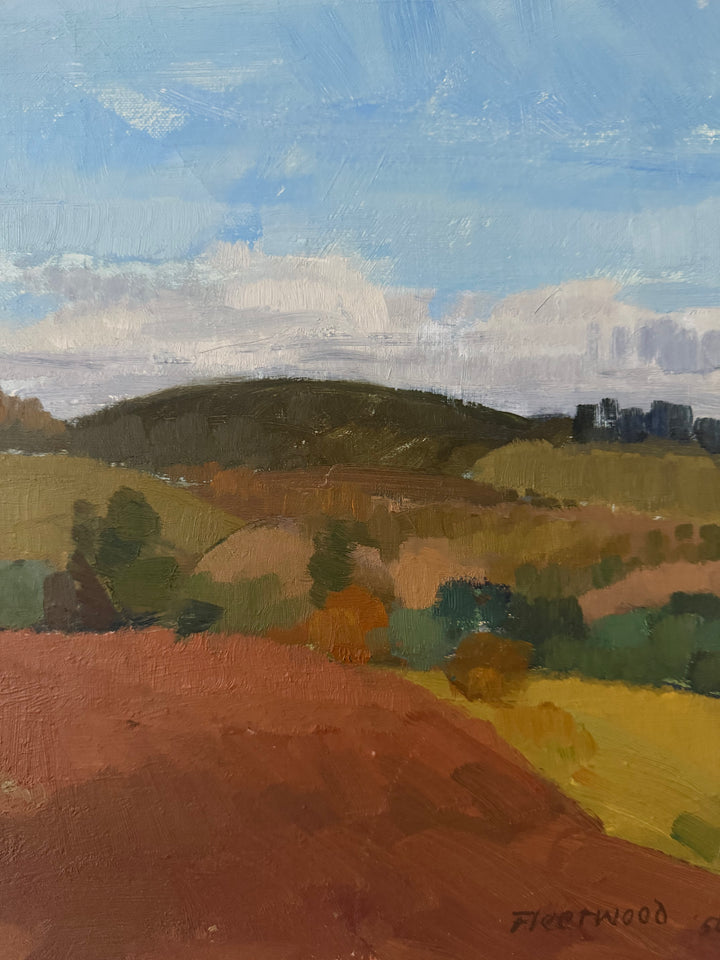 An impressionistic landscape oil painting featuring rolling hills, a prominent reddish-brown foreground field, green trees, and a blue sky with white clouds. Signed 'Fletcher' in the bottom right corner.