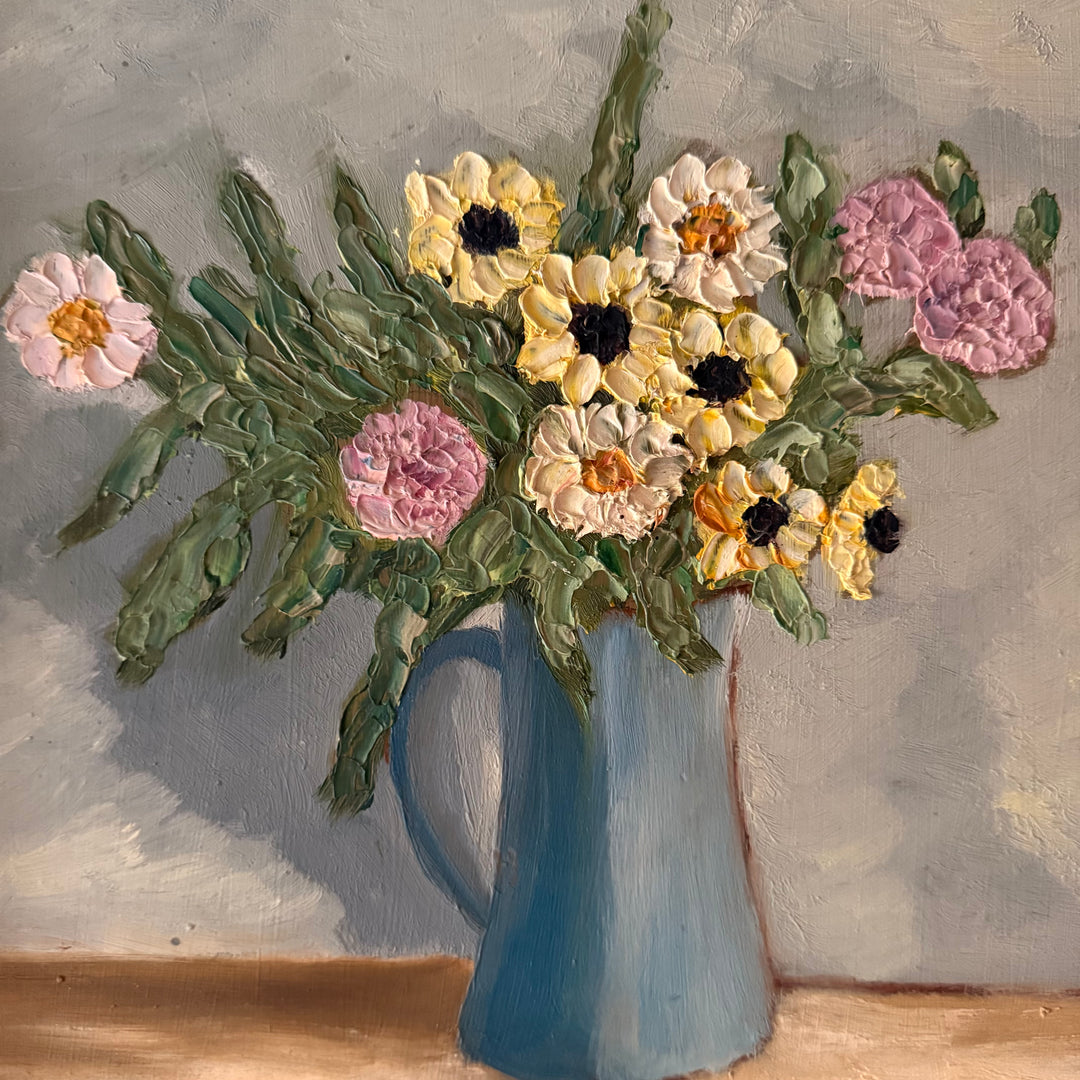Flowers in Blue Pitcher