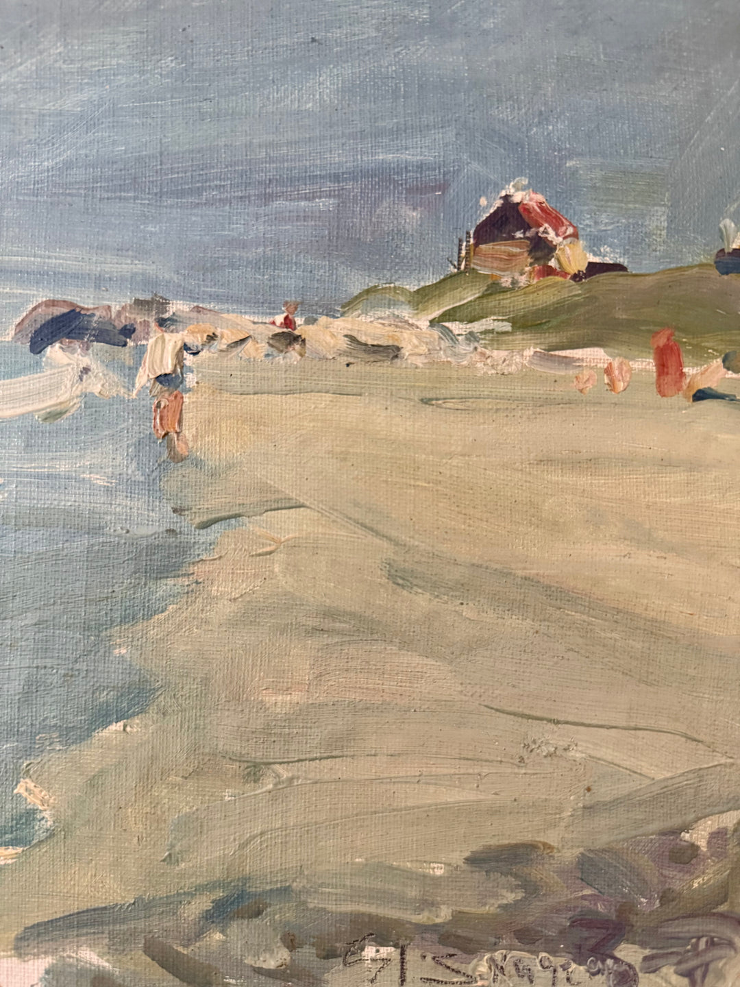 An impressionist landscape painting depicting a sandy beach with a small house on a grassy dune under a blue-gray sky.