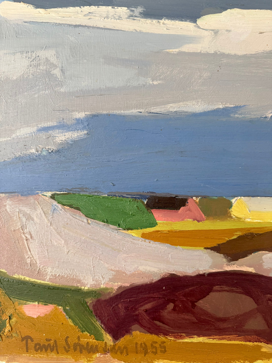 An abstract landscape painting with a blue sky, white and gray clouds, and fields in pink, green, yellow, brown, and dark red. Signed 'Paul Scholem 1955' in the lower left corner.