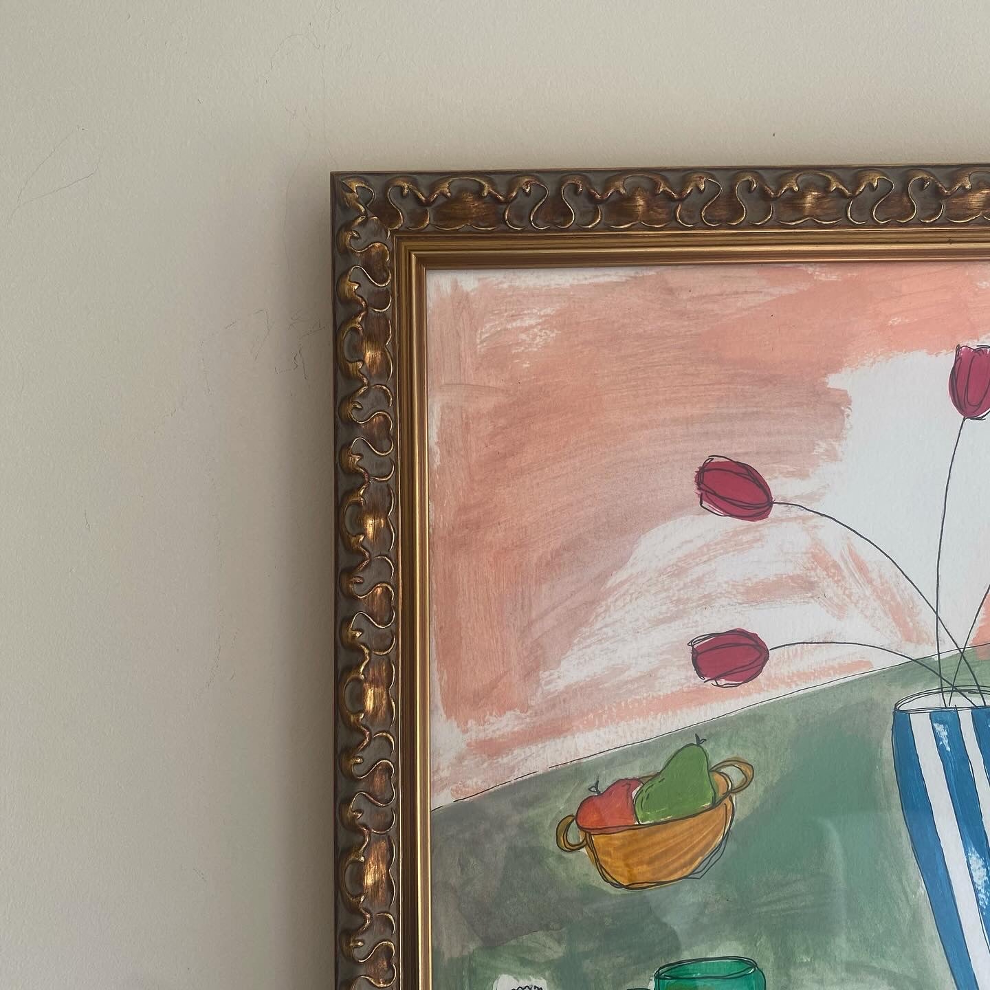 Contemporary painting of breakfast table with flowers in a vase and two boiled eggs and two mugs and a bowl of fruit 3