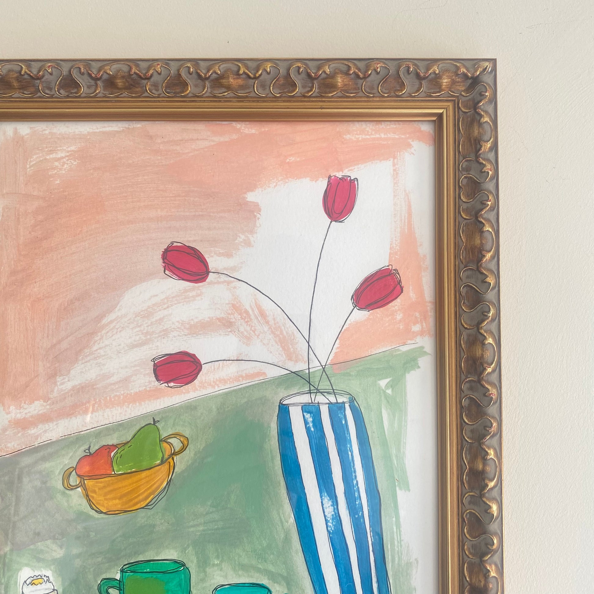 Contemporary painting of breakfast table with flowers in a vase and two boiled eggs and two mugs and a bowl of fruit 4