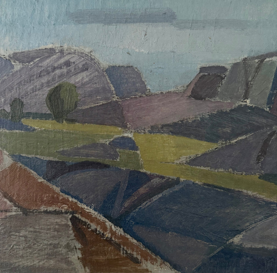 Abstracted hills and valleys in slate blue olive green and mauve in Gustav Arne landscape
