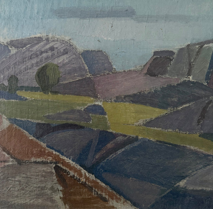 Abstracted hills and valleys in slate blue olive green and mauve in Gustav Arne landscape