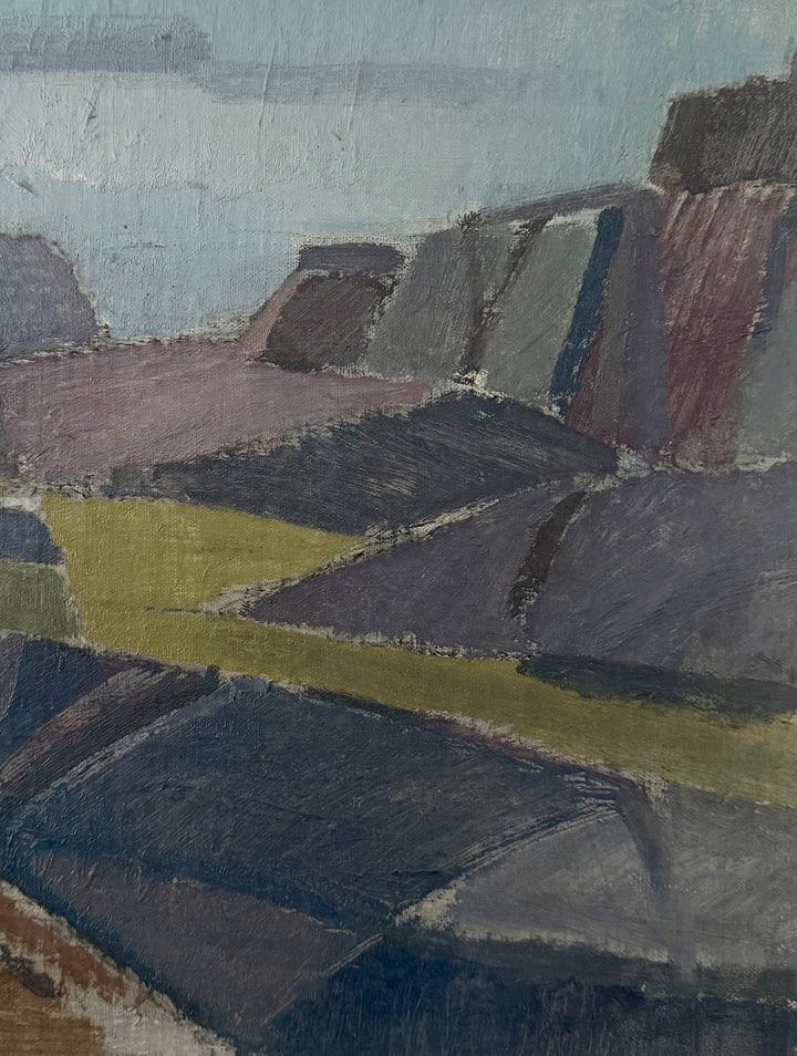 Abstracted hills and valleys in slate blue olive green and mauve vintage oil painting