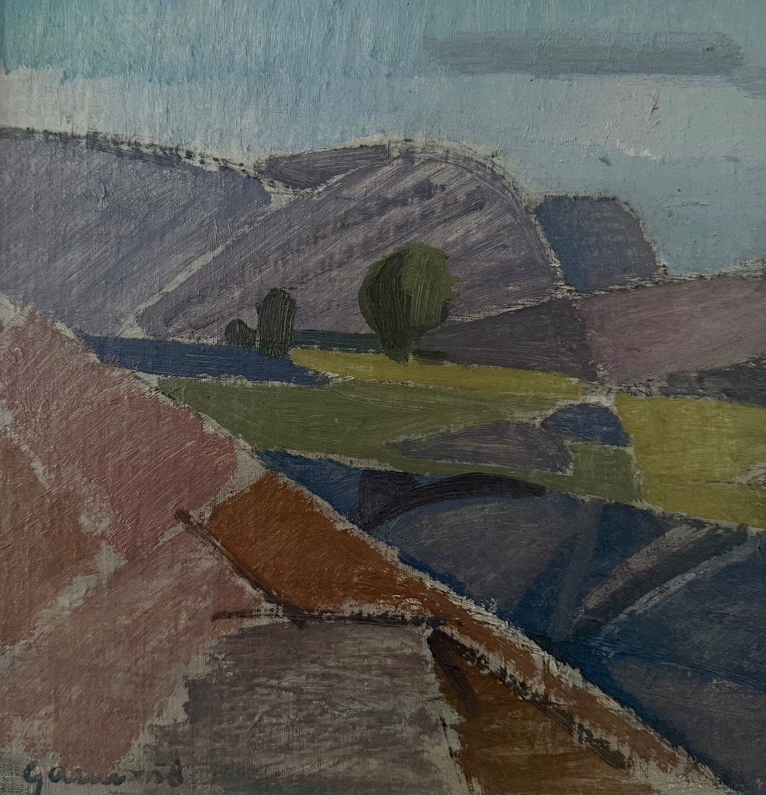 An abstract landscape painting depicting rolling hills and fields in muted tones of blue, purple, green, pink, and brown, with a textured, sketched style.