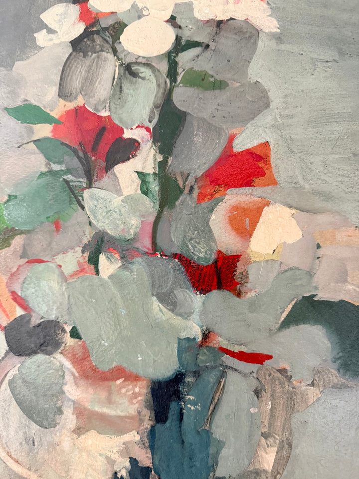 Abstract floral painting with expressive brushstrokes in gray, sage green, red, cream, and blue, depicting flowers and leaves in a vase.