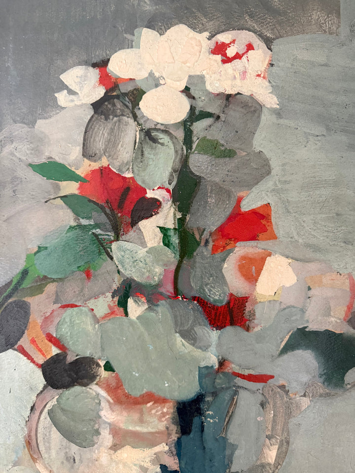 An abstract still life painting of flowers in a vase, featuring white blossoms, red accents, and muted gray-green leaves on a textured gray background.