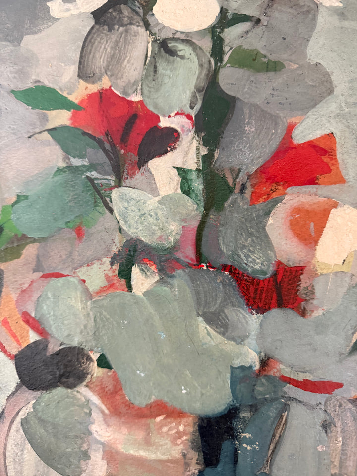 Abstract floral painting with layered brushstrokes in muted sage green, gray, red, orange, black, and off-white.