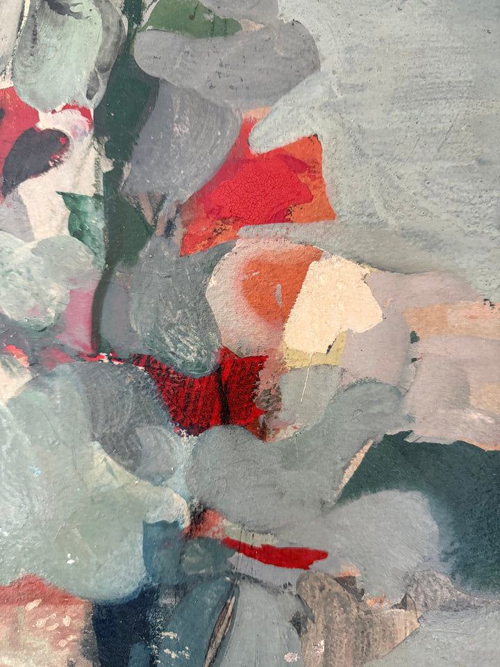 Close-up of layered paint texture and soft green and red tones in French floral still life