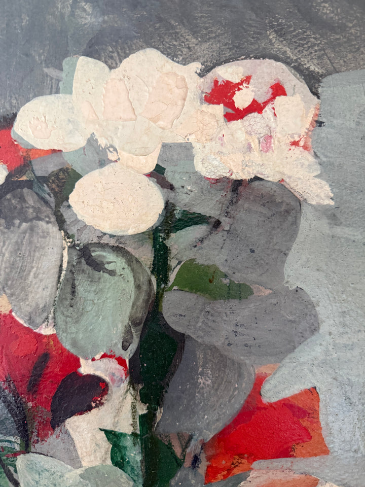 Abstract floral painting with thick impasto brushstrokes in gray, off-white, red, green, and dark charcoal tones.