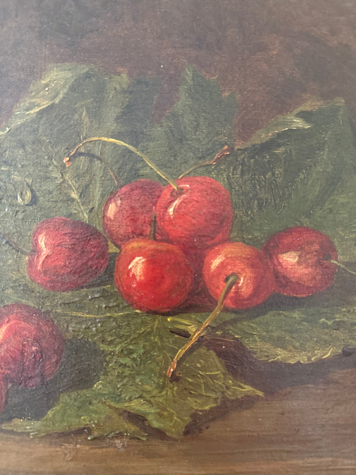 A still life oil painting depicting a cluster of glossy red cherries resting on large green leaves, set against a dark brown background.