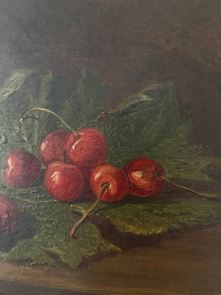 A still life painting of red cherries with green leaves on a dark brown background.