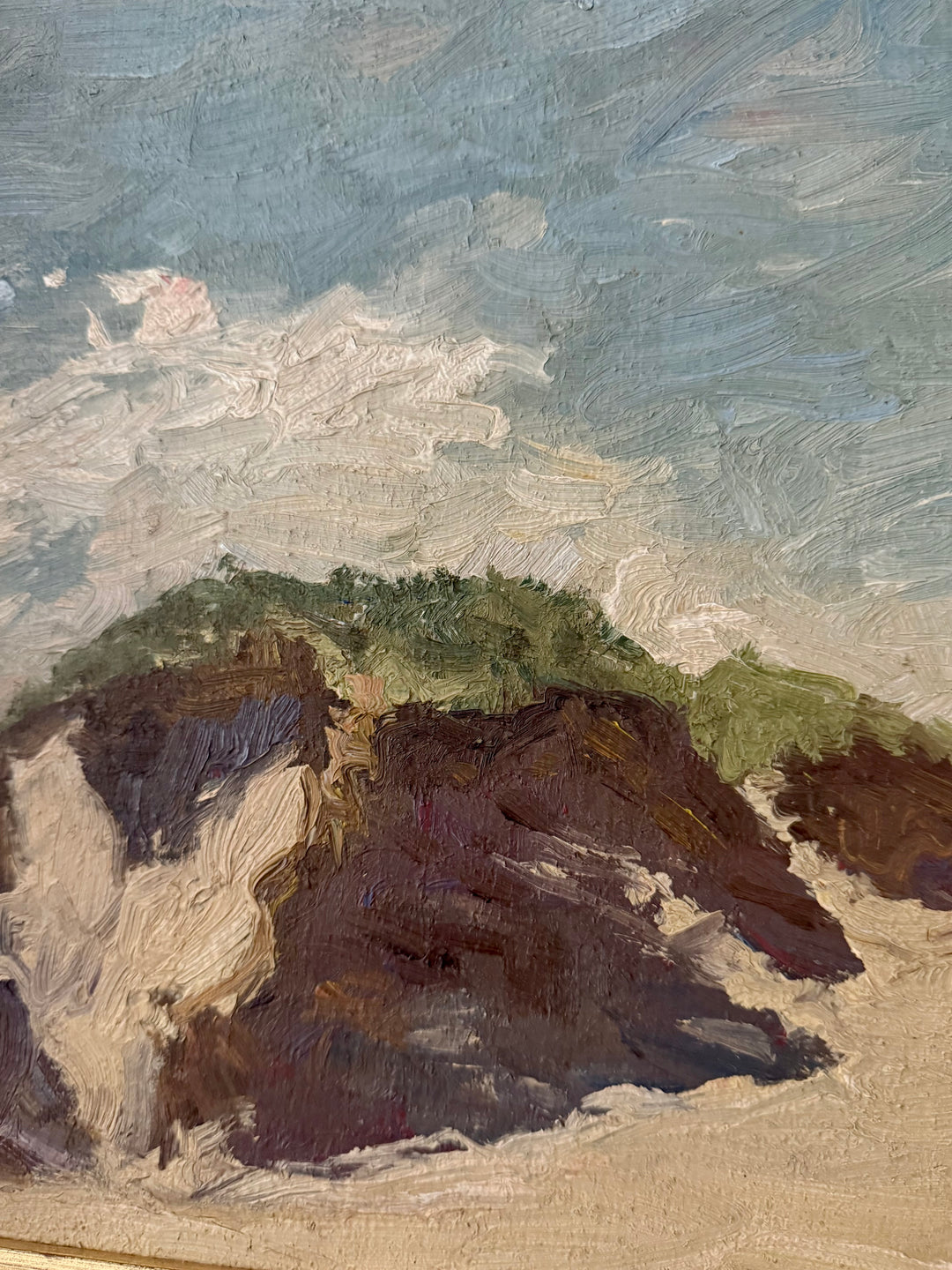 An impressionistic oil painting of a coastal dune landscape, featuring dark brown and beige sand dunes with green vegetation under a textured blue and white sky.