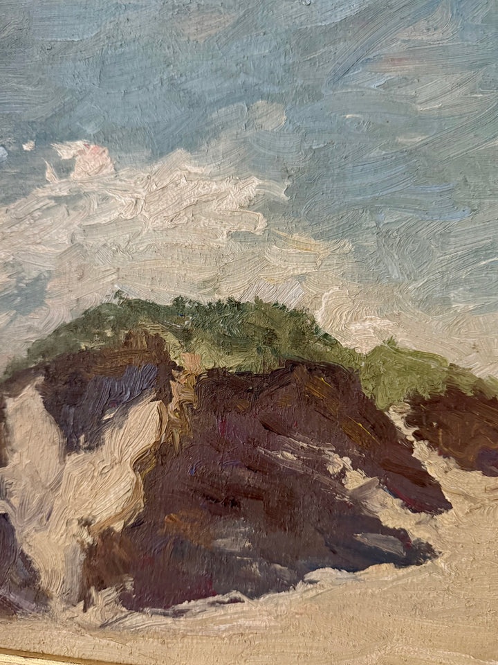 An impressionistic oil painting of a coastal dune landscape, featuring dark brown and beige sand dunes with green vegetation under a textured blue and white sky.
