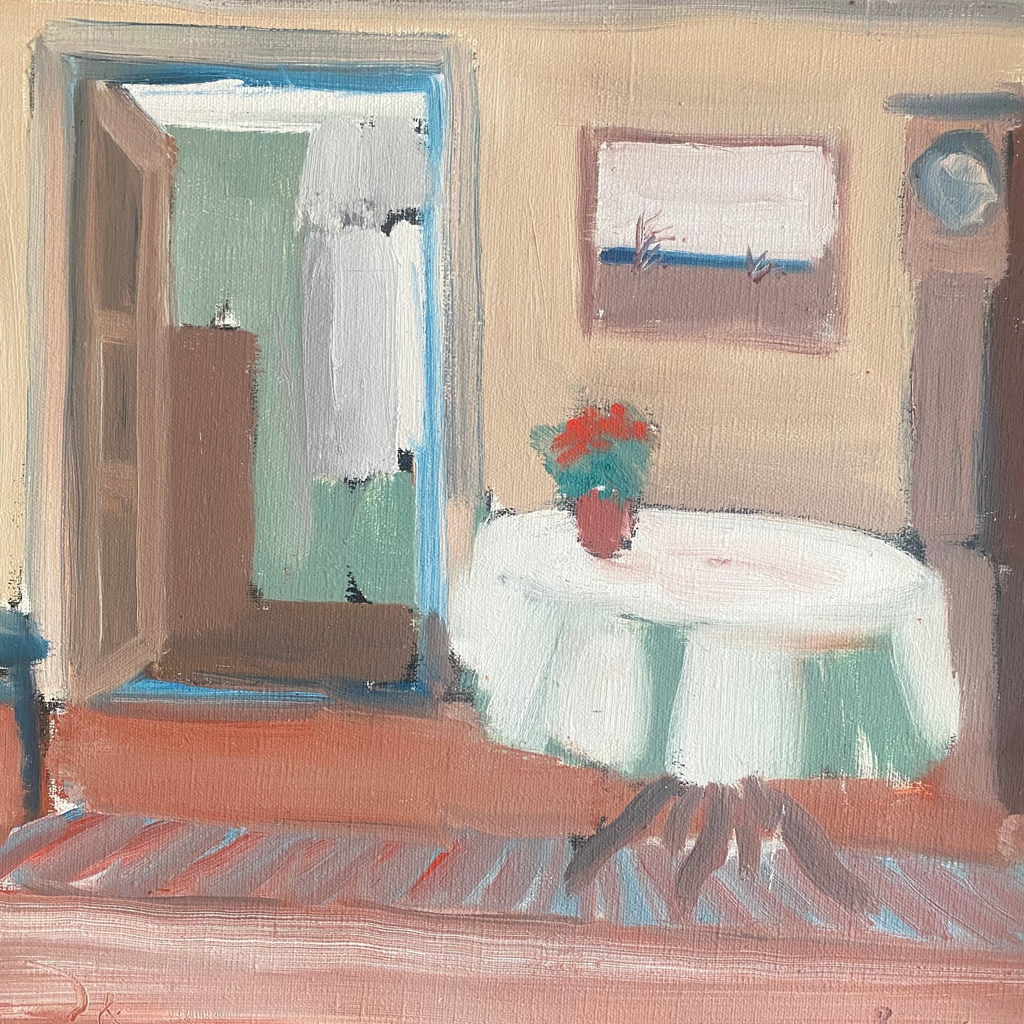 Swedish mid-century framed oil on canvas of an interior scene showing a living room table and chair and plant pot 2