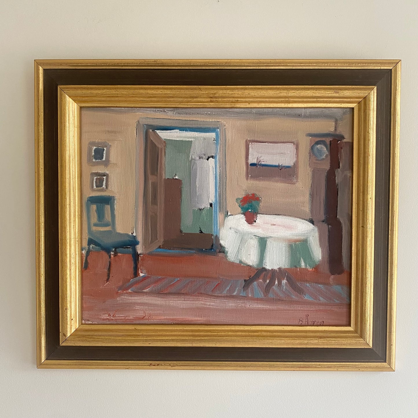 Swedish mid-century framed oil on canvas of an interior scene showing a living room table and chair and plant pot 3