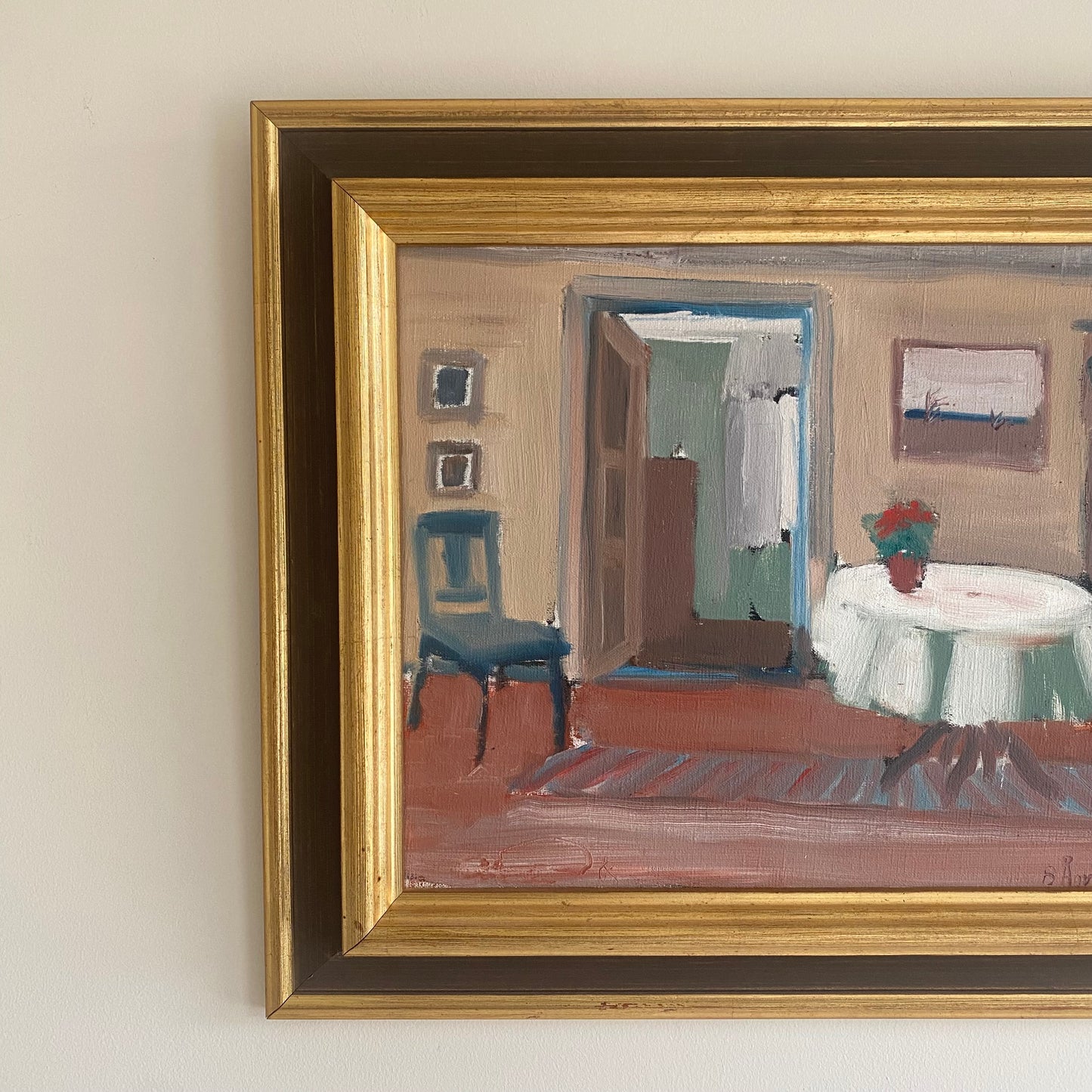 Swedish mid-century framed oil on canvas of an interior scene showing a living room table and chair and plant pot 4