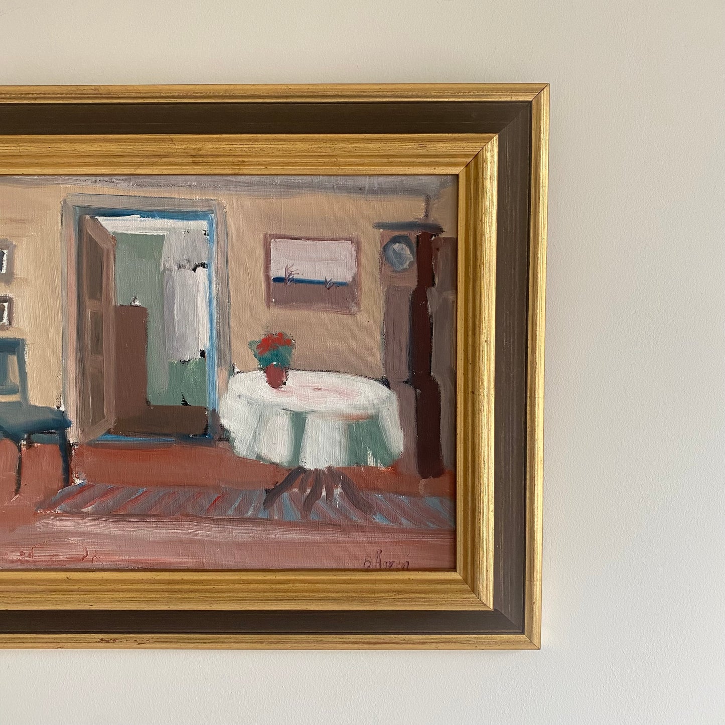 Swedish mid-century framed oil on canvas of an interior scene showing a living room table and chair and plant pot 5