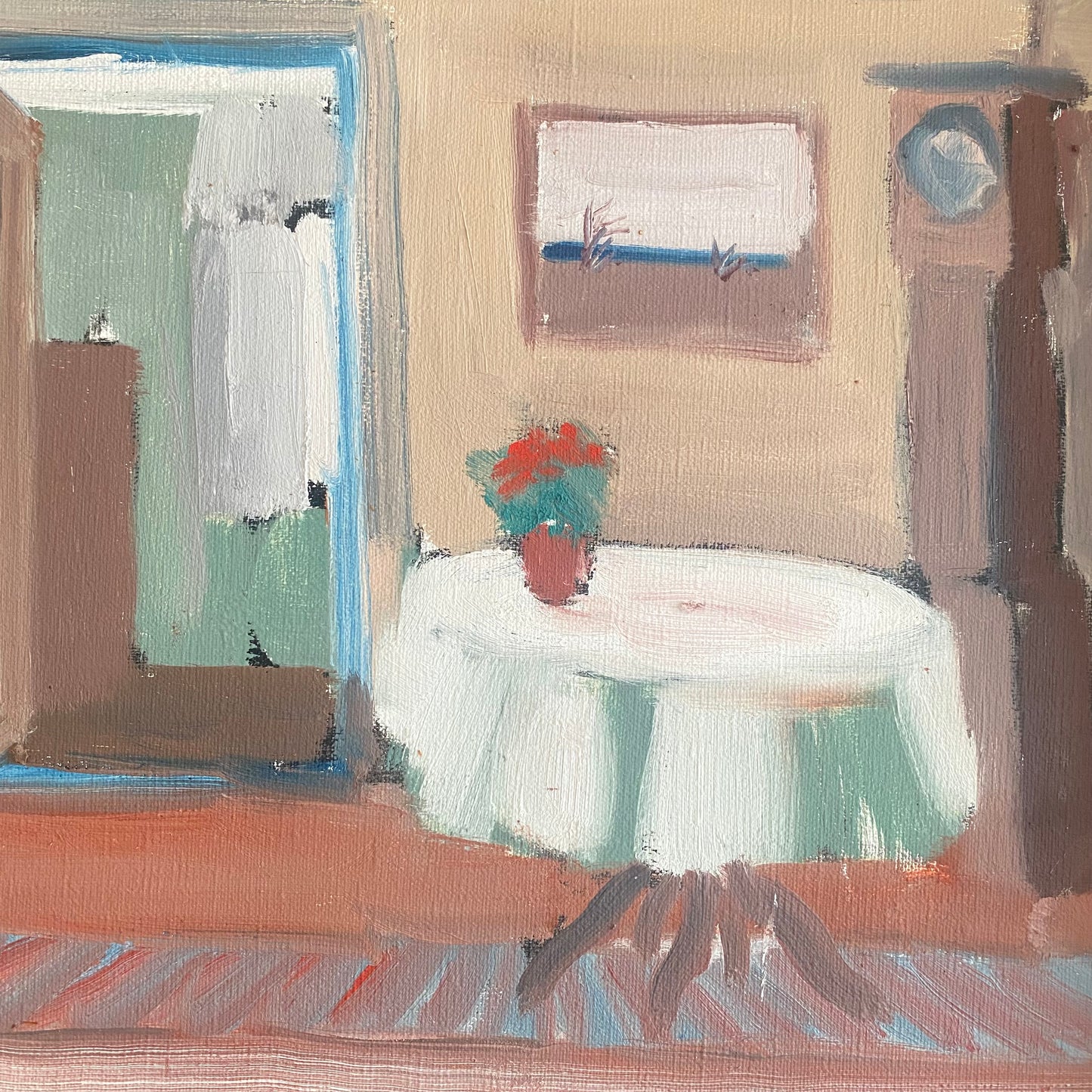 Swedish mid-century framed oil on canvas of an interior scene showing a living room table and chair and plant pot 6
