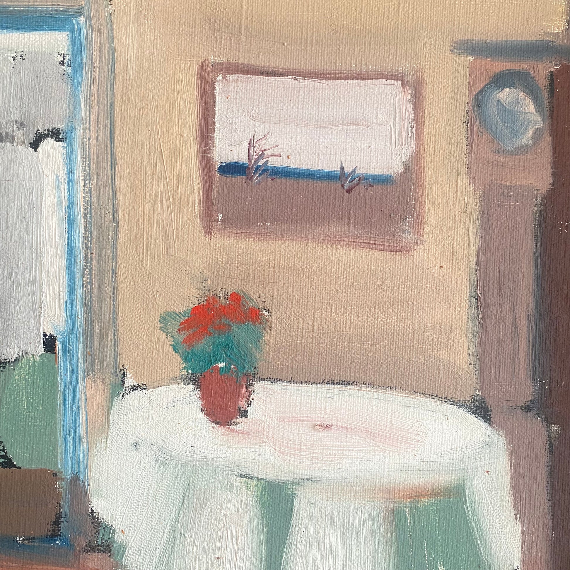 Swedish mid-century framed oil on canvas of an interior scene showing a living room table and chair and plant pot 7
