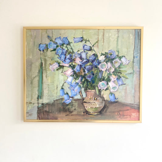Swedish mid-century still life blue flowers in a vase oil on canvas 1