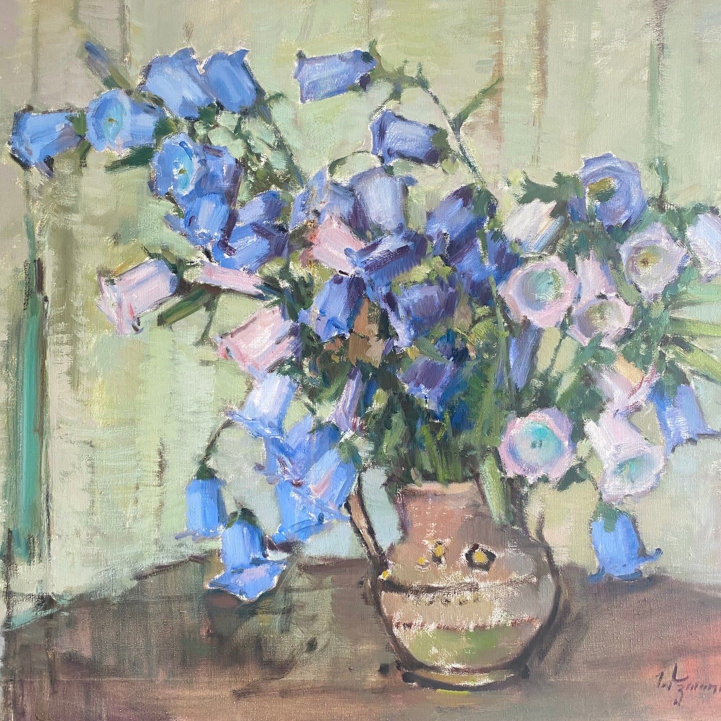 Swedish mid-century still life of blue flowers in a vase oil on canvas 2
