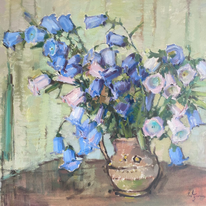 Swedish mid-century still life of blue flowers in a vase oil on canvas 2