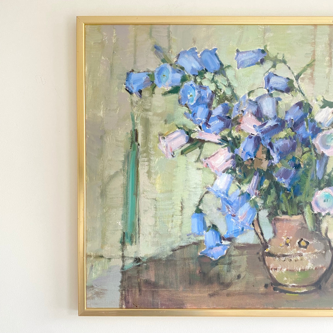 Swedish mid-century still life of blue flowers in a vase oil on canvas 3