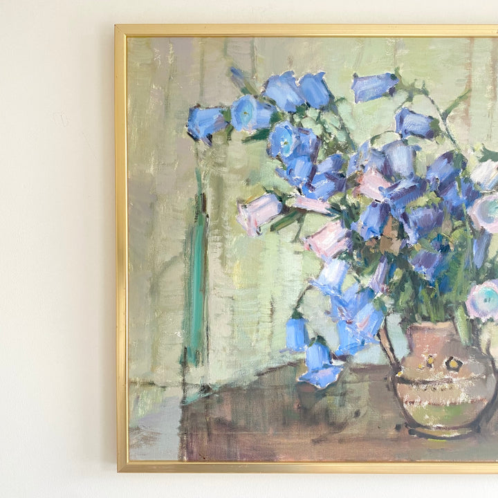 Swedish mid-century still life of blue flowers in a vase oil on canvas 3