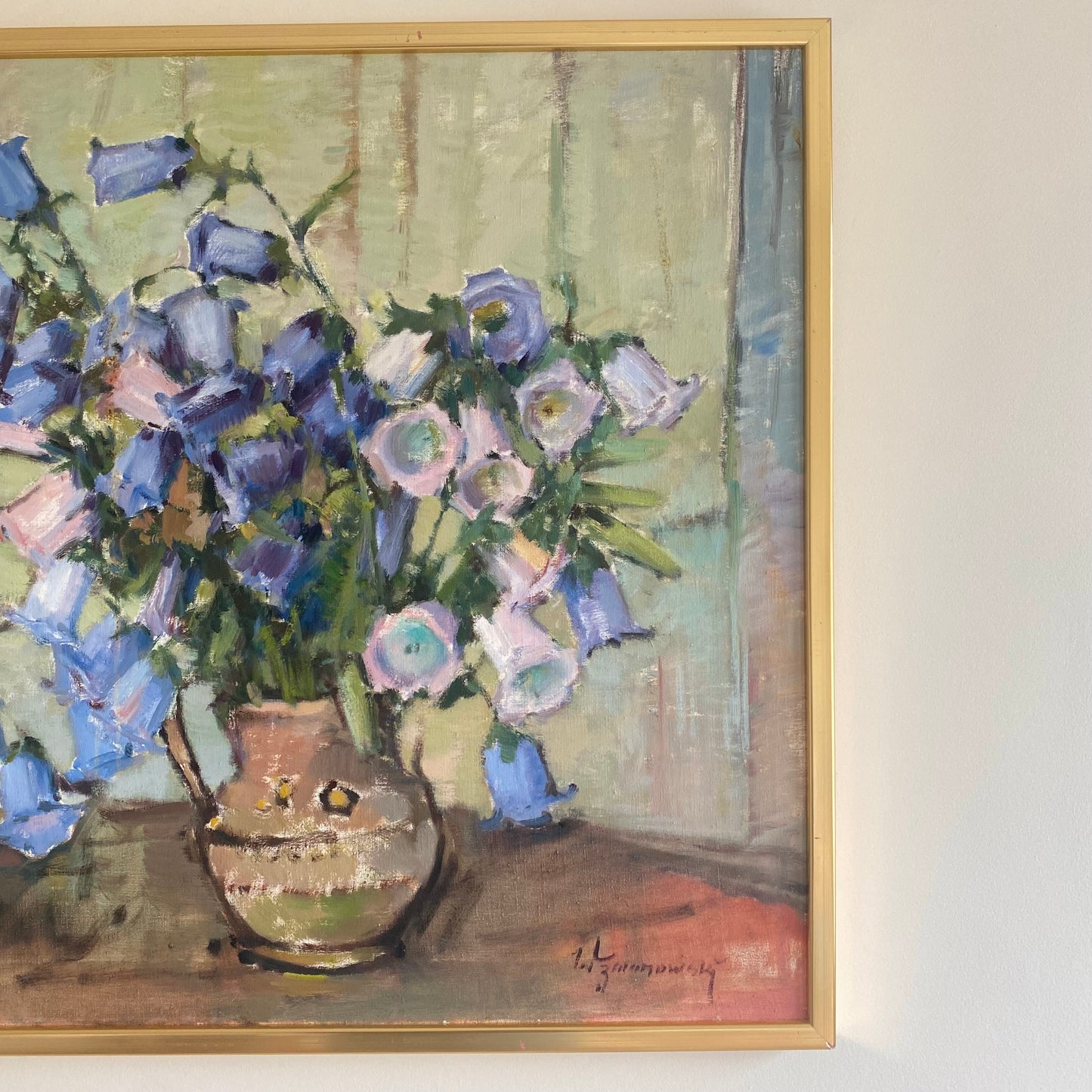 Swedish mid-century still life of blue flowers in a vase oil on canvas 4