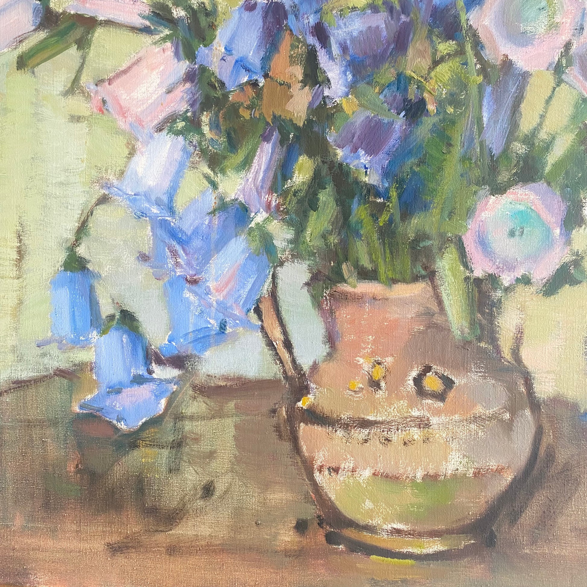 Swedish mid-century still life of blue flowers in vase oil on canvas 5