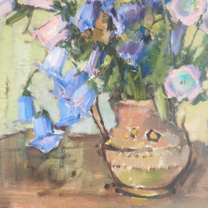 Swedish mid-century still life of blue flowers in vase oil on canvas 5