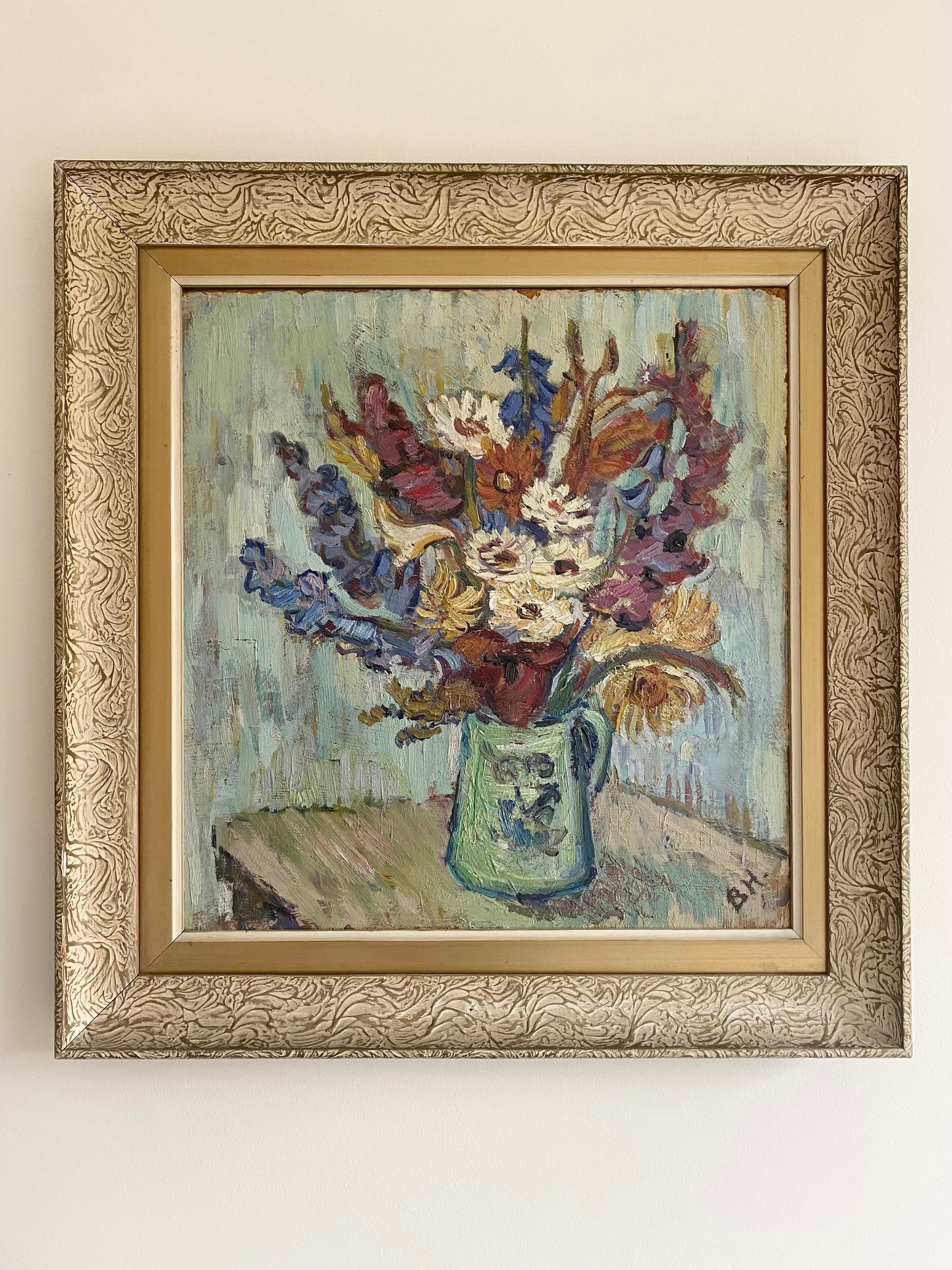 Vintage Mid-Century Swedish OIil Painting Flowers in a Vase Full Bloom 1