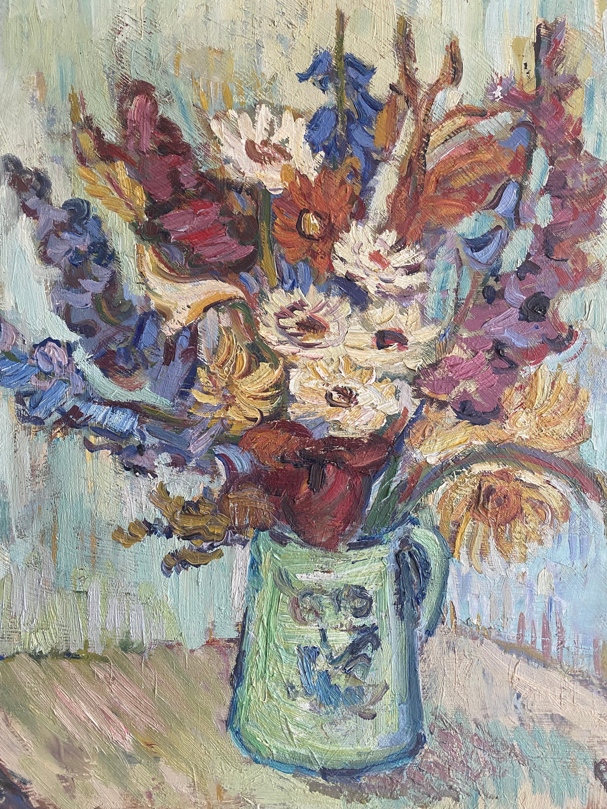Vintage Mid-Century Swedish Oil Painting Flowers in a Vase Full Bloom 2
