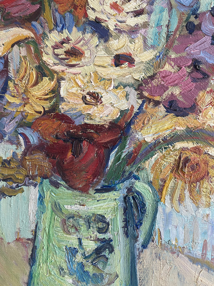 Vintage Mid-Century Swedish Oil Painting Flowers in a Vase Full Bloom 3